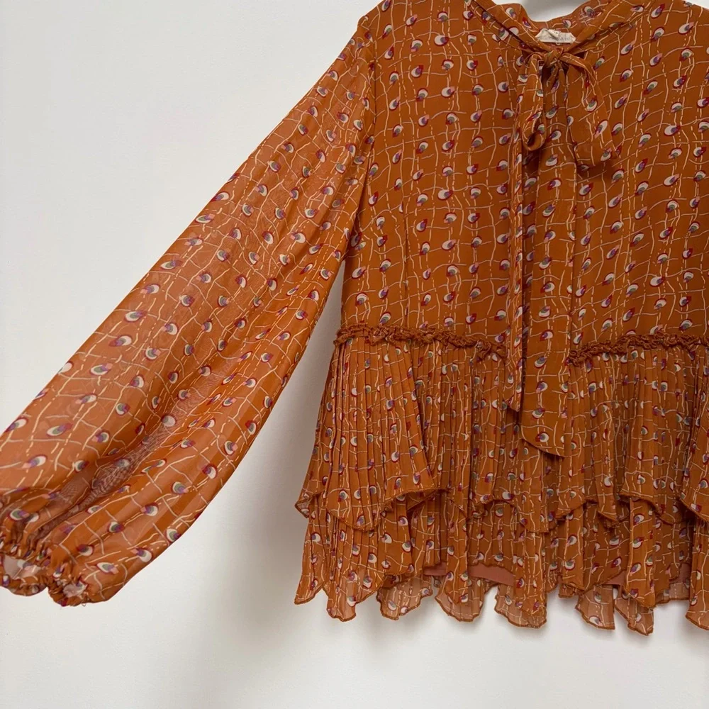 Blushing Heart Ruffle High neck Tied Blouse Size Large Rust Color - Picture 3 of 9
